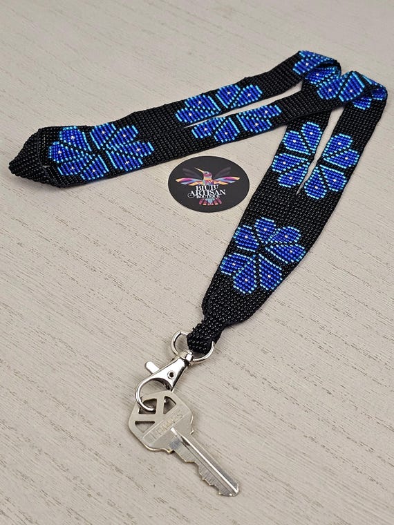 Peyote Beaded Lanyard, Blue Shiny Peyote Flower, ID Tag Lanyard, Hand Loomed Lanyard, Indigenous Made, Long Keychain, Huichol Art, Gift