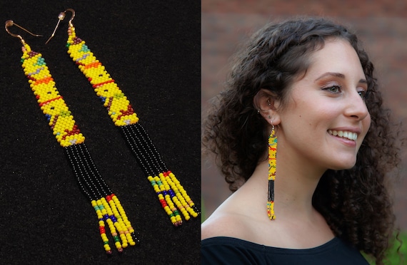 Long Beaded Earrings, Pop Art Earrings, Abstract Design Earrings, Yellow Boho Earrings, Statement Earrings, Handmade Seed Bead Earrings