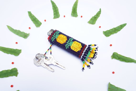 Beaded Pineapple Lighter Case, Huichol Beaded Lighter Case, Native American Bead Work, Decorative Lighter Case, Many Colors, Standard Size