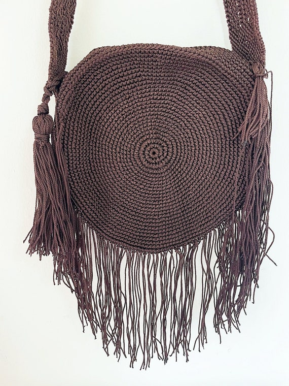 Boho Tassel Bag, Boho Fringe Bag, Boho Shoulder Bag, Chocolate Boho Bag, Indigenous Made, Weaved Crossbody Bag, Round Boho Crossbody Bag