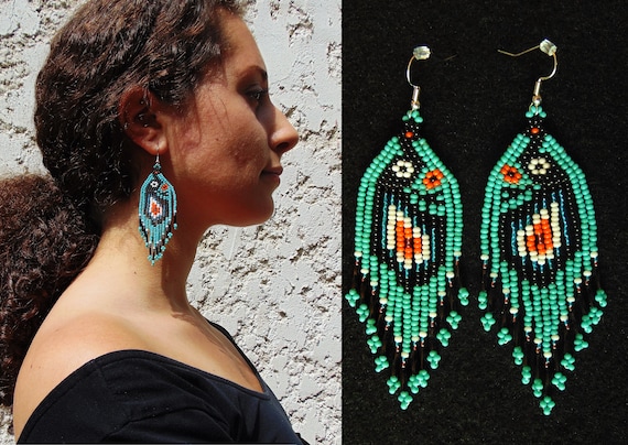 Peacock Beaded Earrings, Huichol Beaded Earrings, Turquoise Peacock Earrings, Beaded Bird Earrings, Native Style Beaded Earrings, Handmade