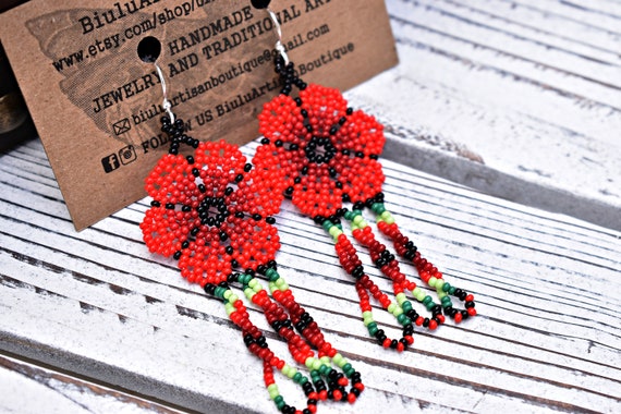 Red Boho Beaded Earrings, Dainty Red Flower Earrings, Native American Beaded Earrings, Beaded Huichol Earrings | Biulu Artisan Boutique