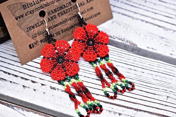 Red Boho Beaded Earrings, Dainty Red Flower Earrings, Native American Beaded Earrings, Beaded Huichol Earrings | Biulu Artisan Boutique