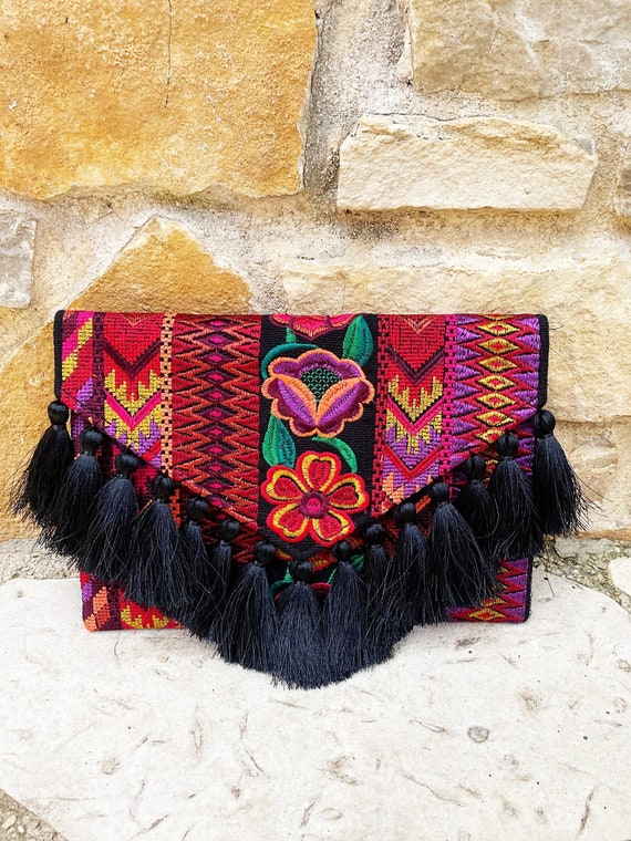 Boho Fringe Bag, Mexican Flower Purse, Geometric Gypsy Purse, Unique Embroidered, Crossbody, Colorful, Floral | Biulu Artisan Boutique