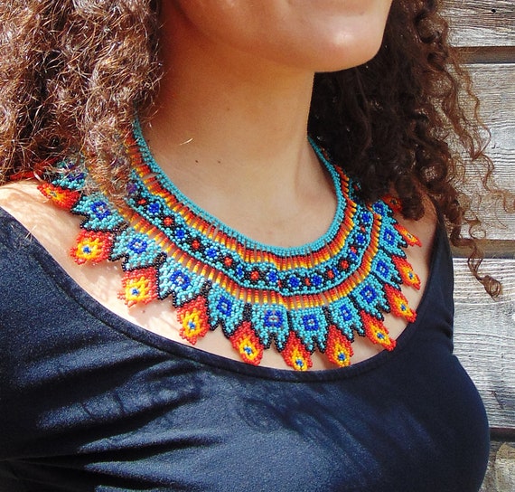 Beautiful Native American Style Beaded Necklace, Bib Necklace, Huichol Necklace, Seed Bead Necklace, Choker Necklace, Statement Necklace