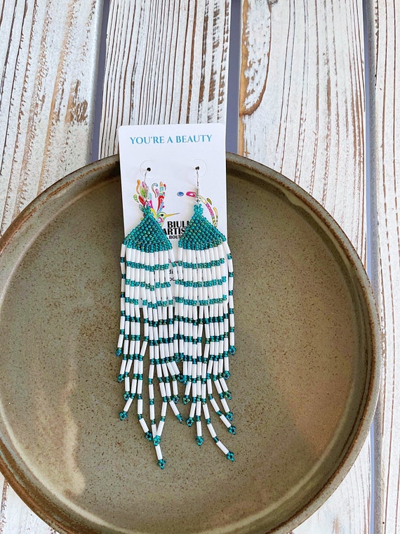 Aqua Boho Earrings, Boho Beaded Earrings, Native American Style, Blue White, Statement Earrings, Indigenous Made | Biulu Artisan Boutique