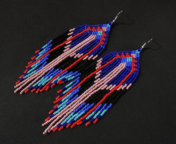 Native American Beaded Jewelry, Native American Beaded Earrings, Boho Earrings, Antique Style Jewelry, Southwest Earrings, Dark Blue, Pink