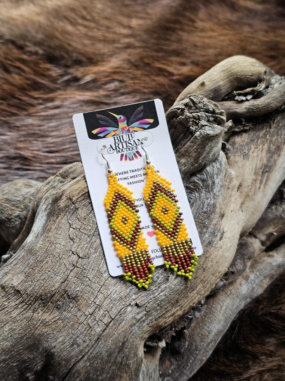 Handmade Boho Earrings, Native American Beaded Earrings, Beaded Boho Earrings, Indigenous Made, Short Skinny Earrings, Etsy Handmade