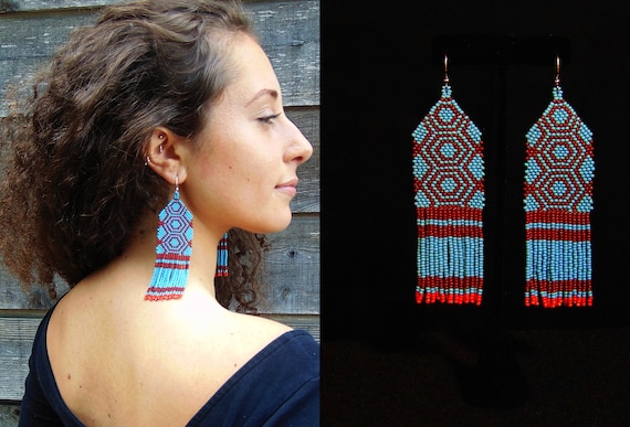 Womens Bohemian Statement Earrings, Hypoallergenic Beaded Earrings, Unique Earrings For Women, Geometric Turquoise Blue Earrings, Handmade