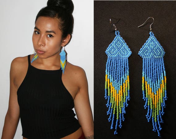 Blue Native American Earrings, Huichol Indian Earrings, Mexican Beaded Earrings, Beaded Tribal Earrings, Traditional Beadwork, Seed Beads