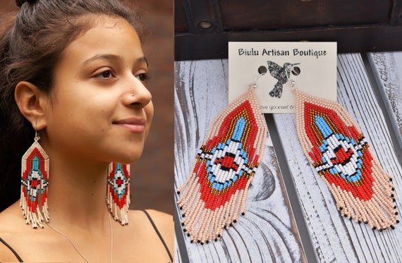 Native American Beaded Earrings, Seed Bead Earrings, Tribal Fashion Earrings, Boho Beaded Earrings, Huichol Beadwork, Beaded Jewelry