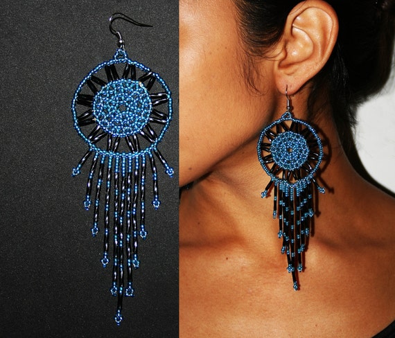 Dream Catcher Earrings Blue  Black  Peiote Traditional Jewelry