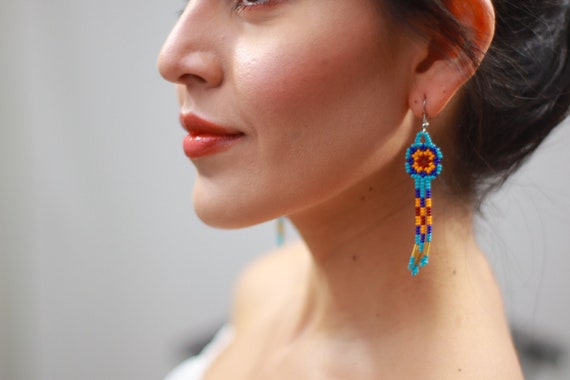 Dainty Boho Beaded Earrings, Small Dreamcarcher Design, Indigenous Made Earrings, Lightweight, Blue, Orange, Handmade Earrings