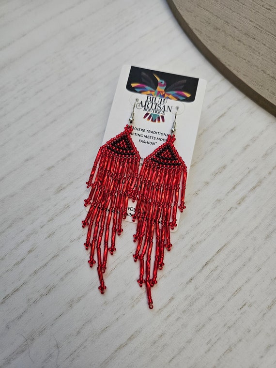 Sparkling Red Earrings, Native American Beaded Earrings, Red Boho Earrings, Handmade Beaded Earrings, Real Huichol Beading