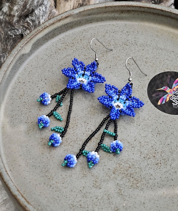 Blue Flower Huichol Earrings, Huichol Jewelry, Native American Style Beaded Earrings, Seed Bead Earrings, Blue Florette Earrings, Authentic