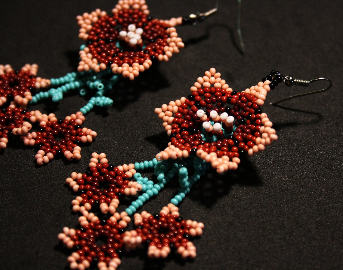 Rosa und Braune Florette Ohrringe Huichol Ohrringe Native | Etsy