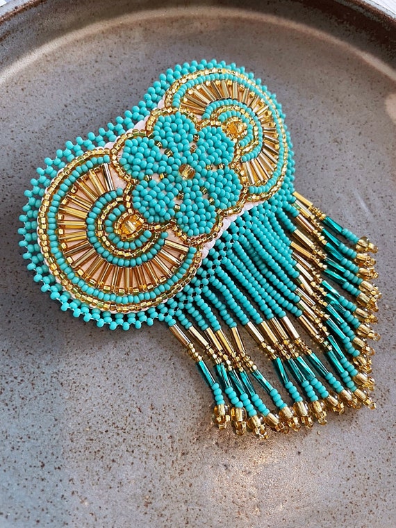 Beaded Boho Barrette, Native American Jewelry, Boho Hair Clip, Indigenous Made, Turquoise, Gold, Etsy Jewelry | Biulu Artisan Boutique