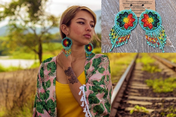 Boho Sun Earrings, Native American Beaded Earrings, Beaded Boho Earrings, Large Statement Earrings, Turquoise, Colorful, Faux Leather