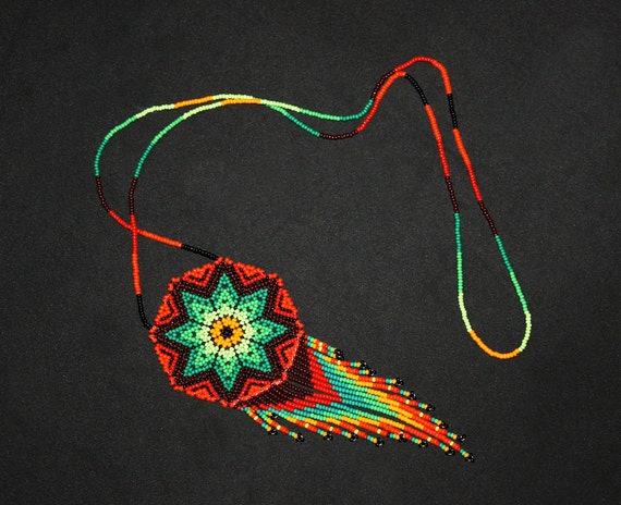 Huichol Sun Necklace, Native American Style Medallion Necklace, Beaded Necklace, Starburst Necklace, Morning Star Necklace, Mexican Jewelry