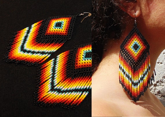 Peyote Stitch Large Dangling Earrings, Boho Tribal Statement Earrings, Native Style Beaded Earrings, Geometric Earrings, Huichol Earrings