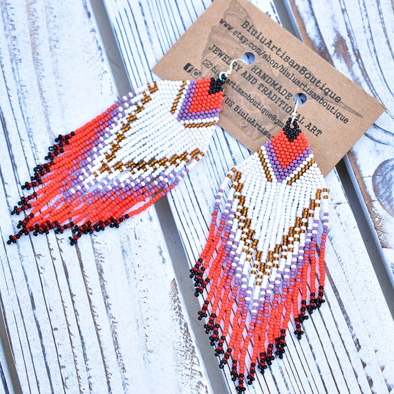 Tribal Boho Earrings, Native American Beaded Earrings, Brick Stitch Earrings, Beaded Chandelier Earrings, Statement, Seed Bead Earrings