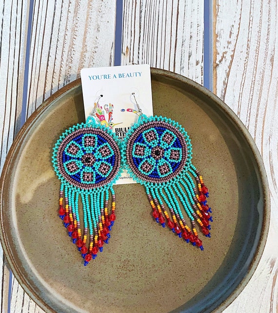 Turquoise Medallion Earrings, Huichol Earrings, Native American Medallion Earrings, Beaded Tribal Earrings, Peyote Flower Earring, Handmade