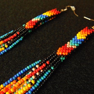 Native Style Beaded Earrings, Long Beaded Tube Earrings, Boho, Seed Bead, Tribal Fashion, Huichol, Handmade | Biulu Artisan Boutique image 7