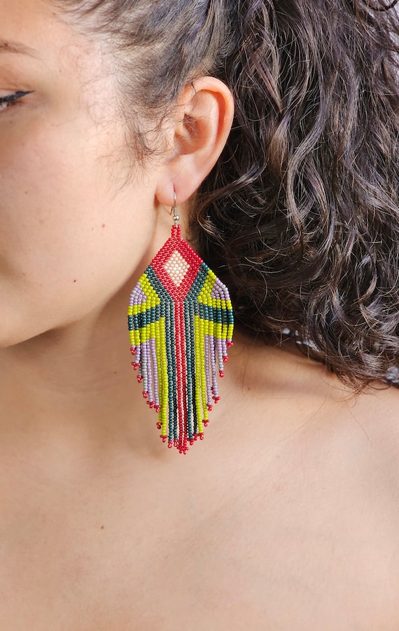 Large Dangling Earrings, Boho Tribal Chandelier Earrings, Native American Beaded Earrings, Geometric Aztec Earrings, Statement Earrings