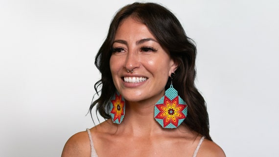 Turquoise Starburst Earrings,  Large Beaded Stars, Native American Jewelry Huichol, Star Earrings, Statement | Biulu Artisan Boutique