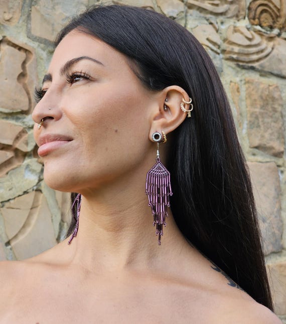 Elegant Sparkling Purple Earrings, Native American Beaded Earrings, Purple Boho Earrings, Handmade Beaded Earrings, Real Huichol Beading