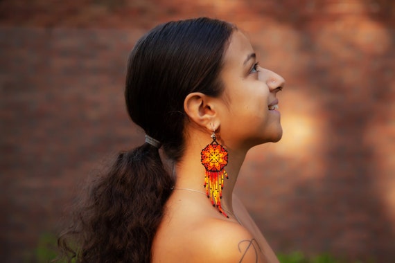 Beaded Huichol Earrings, Morning Star Flame Earrings, Huichol Beaded Earrings, Native American Morning Star Earrings, Medallion Earrings