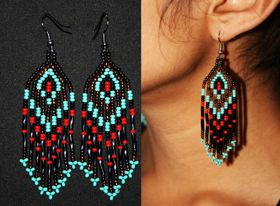 Beaded Huichol Earrings, Native American Peyote Earrings, Dangling Earrings, Long earrings, Peyote Beadwork, Huichol Beadwork, Turquiose