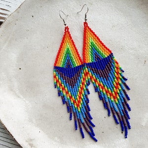 May include: A pair of rainbow beaded dangle earrings with a fringe of colorful beads. The earrings are made with small seed beads in a rainbow pattern, with a blue and purple fringe.