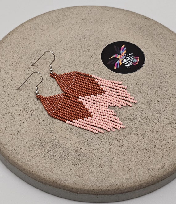 Short Boho Beaded Earrings, 2.75" Pink Brown Earrings, Contemporary Native American Beaded Earrings, Dainty Statement Earrings, Cute Earring