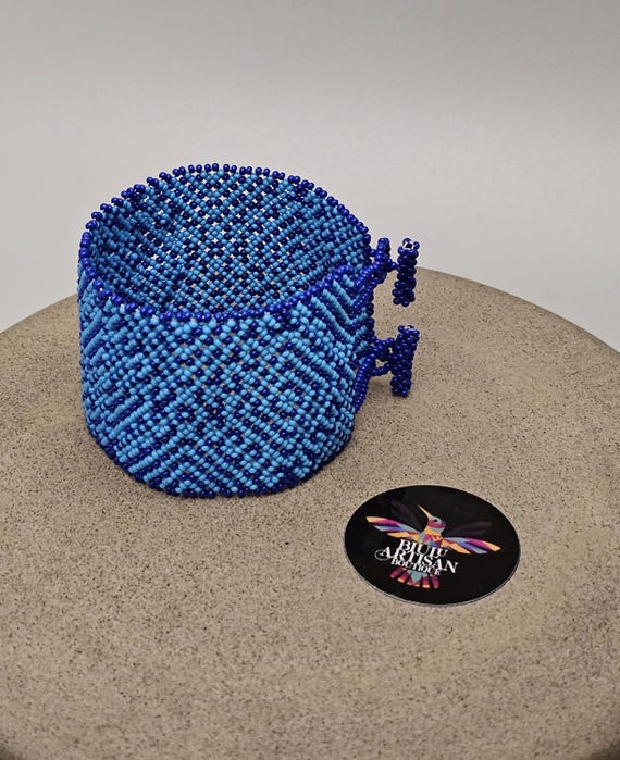Beaded Cuff Boho Bracelet, Native American Beaded Bracelet, Tribal Bracelet, Seed Bead Bracelet, Blue Bohemian Style, Handmade, Unisex