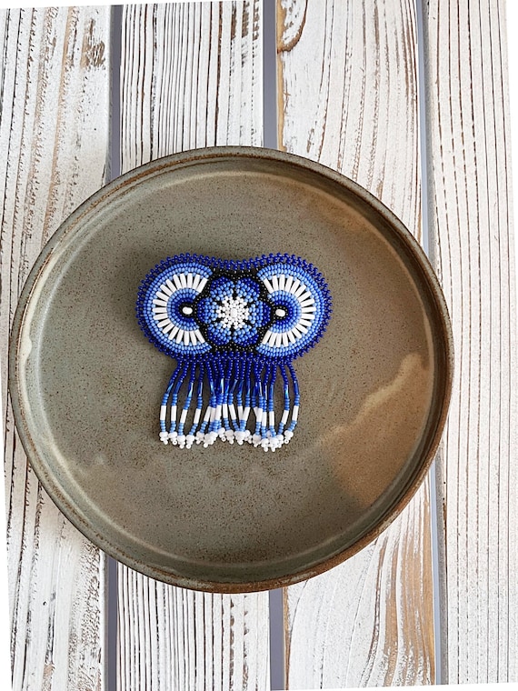 Beaded Boho Barrette, Native American Jewelry, Boho Hair Clip, Indigenous Made, Blue White, Handmade, Etsy Jewelry | Biulu Artisan Boutique