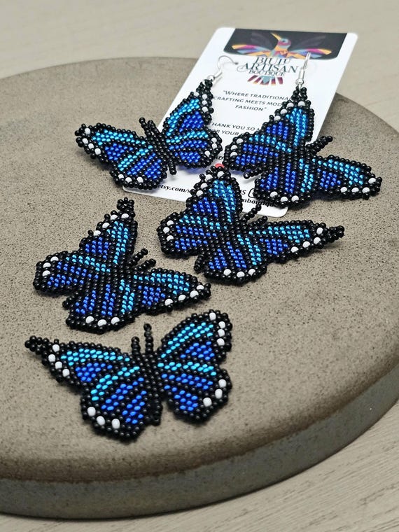 Boho Butterfly Earrings, Blue butterfly, Indigenous Made, Native American Beaded Earrings, Beaded Earrings, Seed Bead Earrings, Handmade
