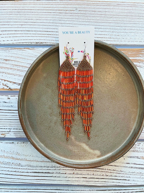 Chandelier Boho Earrings, Copper Orange, Native American Beaded Earrings, Long, Statement Earrings, Indigenous Made | Biulu Artisan Boutique