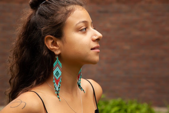 Feather Style Earrings, Native American Beaded Earrings, Turquoise, Boho Chic, Tribal Jewelry, Huichol, Seed Bead | Biulu Artisan Boutique