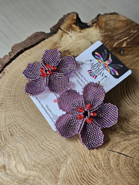 Big Purple Flower, Beaded Flower Earrings,Bold Earrings, Handmade Beaded Earrings, Boho Earrings, Unique Earrings, Big Earrings, Wedding