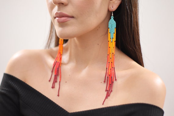 Long Boho Beaded Earrings, Statement Earrings, Native American Beaded Earrings, Long Chandelier Earrings, Chic | Biulu Artisan Boutique