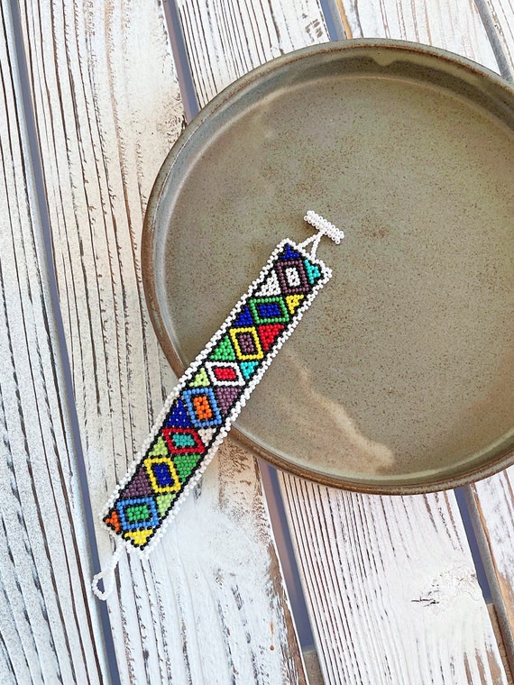 Beaded Boho Bracelet, Geometric Cuff Bracelet, Colorful, Native American Beaded Bracelet, Beaded Jewelry, Indigenous Made, Handmade