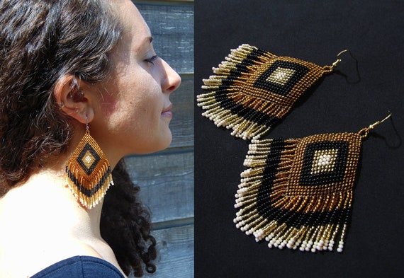 Gold Black Beaded Native Style Earrings, Huichol Ojo de Dios Earrings, Tribal Boho Earrings, Gypsy Earrings, Native American Earrings