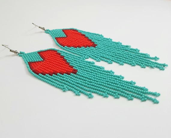 Boho Heart Earrings, Native American Beaded Earrings, Beaded Boho Earrings, Turquoise, Red Heart Earrings, Boho Chic, Statement Earrings