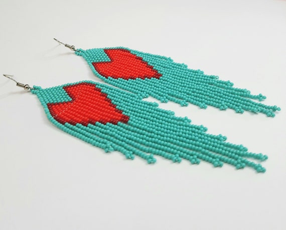 Boho Heart Earrings, Native American Beaded Earrings, Beaded Boho Earrings, Turquoise, Red Heart Earrings, Boho Chic, Statement Earrings