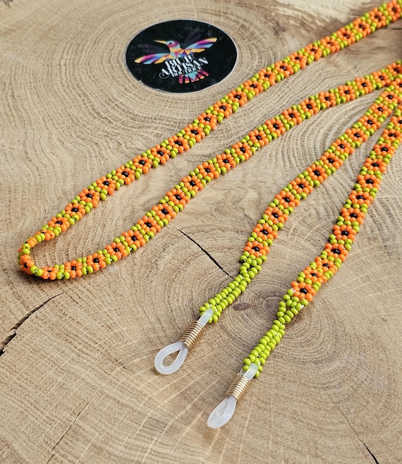 Hand-Stitched Huichol Beaded Glasses Lanyard, Orange and Green Eyeglass Chain, Flower Chain