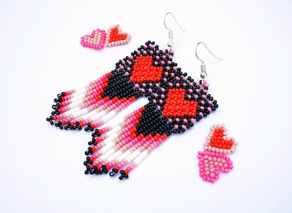 Boho Heart Earrings, Native American Beaded Earrings, Beaded Boho Earrings, Turquoise, Red Heart Earring, Dainty Heart Earrings, Boho Chic,