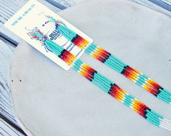 Long Boho Chandelier Earrings, Beaded Boho Earrings, Native Shoulder Duster Earrings, Indigenous Made Earrings, Handmade Earrings, Colorful