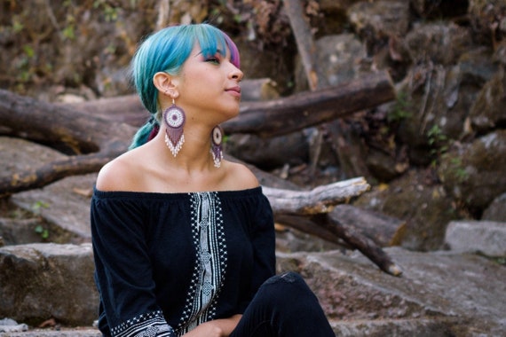 Purple & White Rustic Boho Earrings, Native American Beaded Earrings, Hippie Tribal, Faux Leather Back, Handmade, Beautiful Rustic