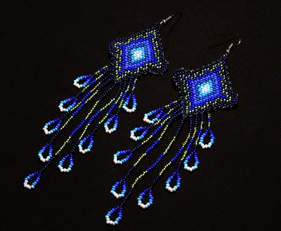 Native American Earrings with Dangles, Long Dangling Huichol Earrings, Eye of God Earrings, Ojo de Dios Earrings, Seed Bead Earrings